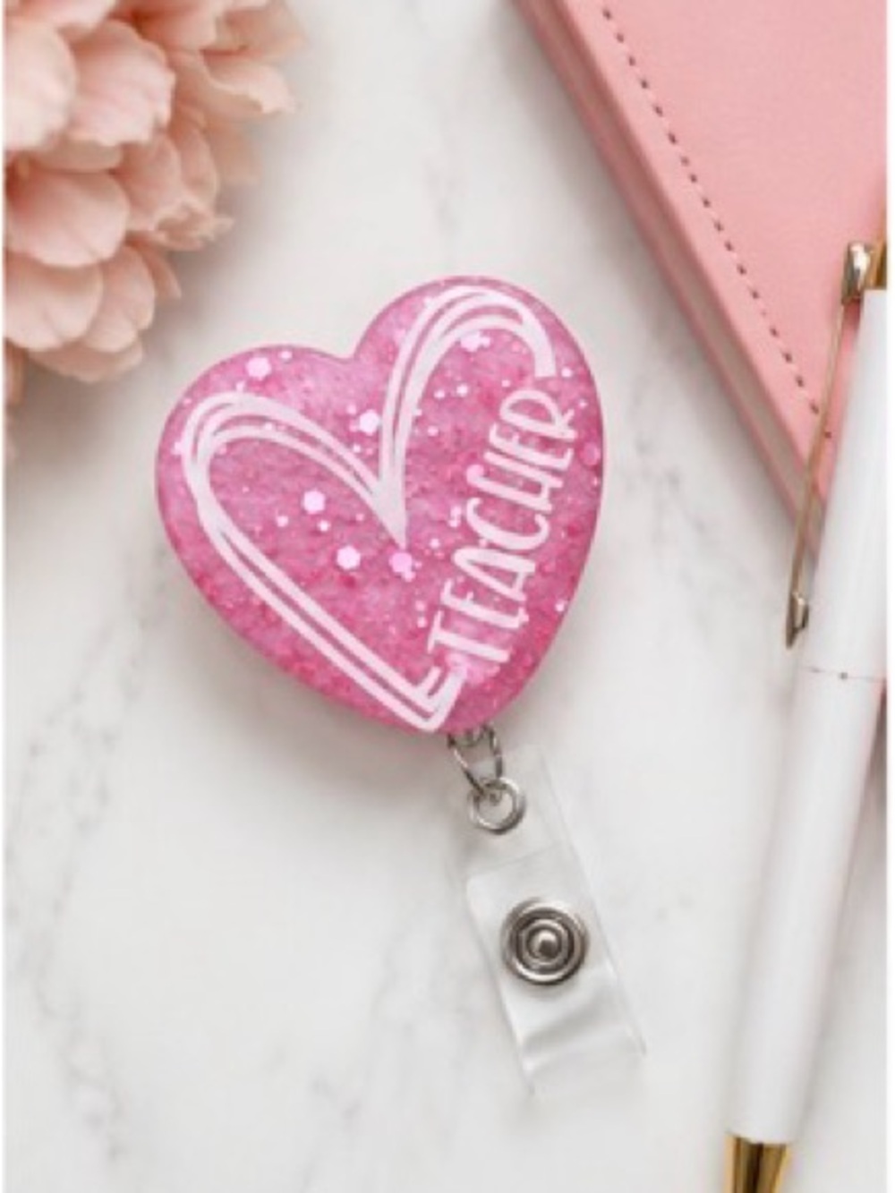 Pink Heart Teacher Badge Reel ID Holder
